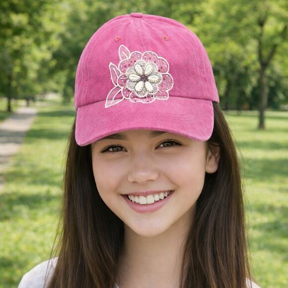 Handmade Shiny Rhinestone Bling Floral accent Pink Streetwear Baseball Cap Hat - Picture 8 of 9
